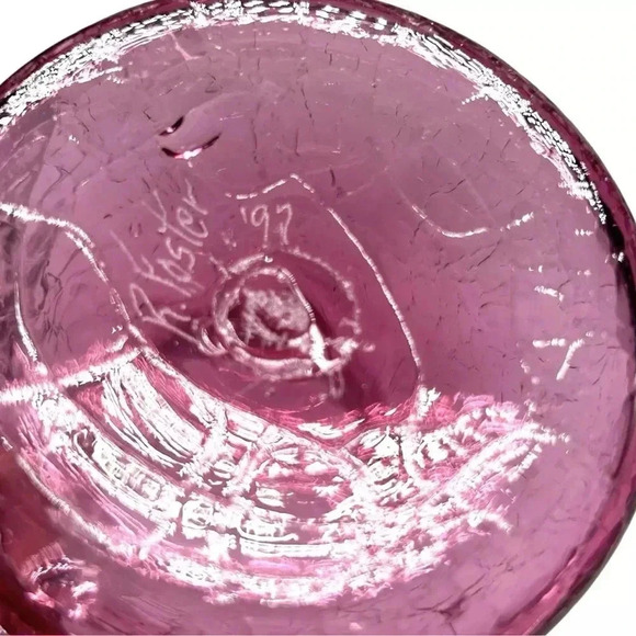R. FOSTER Cranberry Pink Crackle Glass Pitcher Clear Handle VTG 1997 Signed 5.5" - Picture 7 of 7